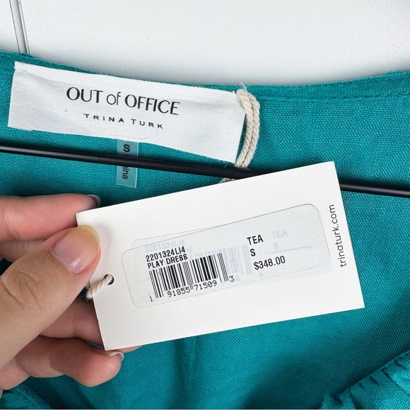 Trina Turk 100% Linen Play Dress Teal Blue Ruffle V Neck Midi Out of Office NEW - Picture 4 of 6